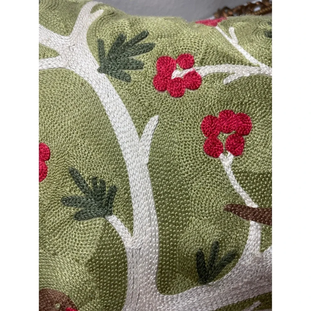 Pottery Barn Embroidered Bird Berries Limbs 17 x 17 Pillow w Feather Insert